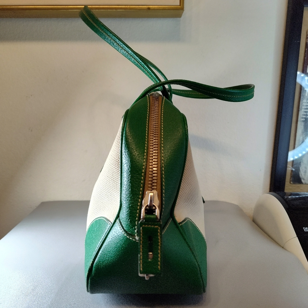 Prada Cinghiale Leather Trimmed Canapa Grezza Shoulder Bag Green Beige - Picture 2 of 13